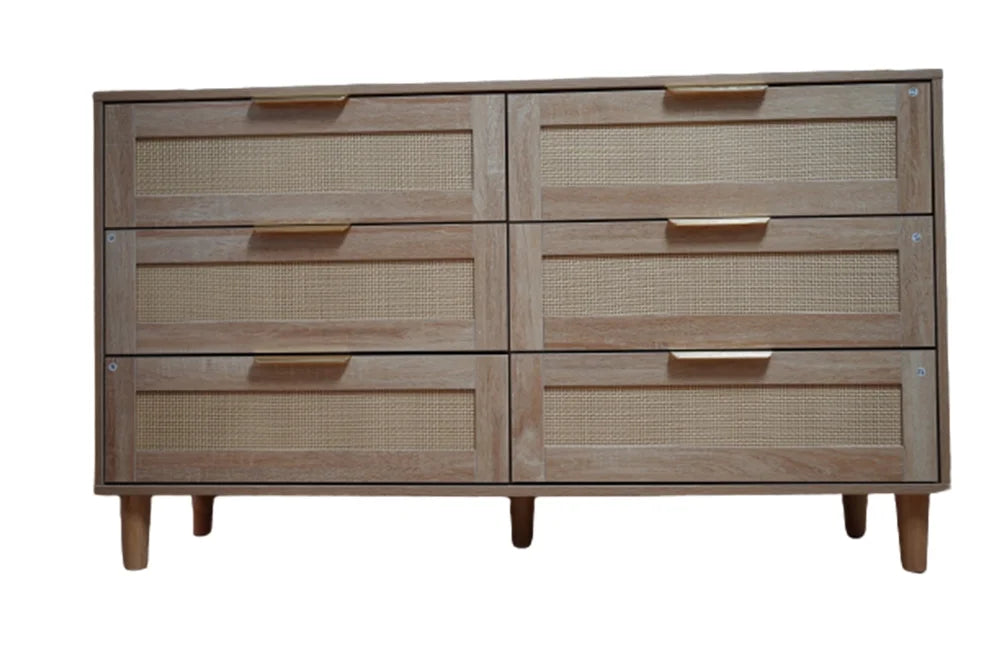 Modern 6 Drawer Rattan Dresser with Gold Handles F4137