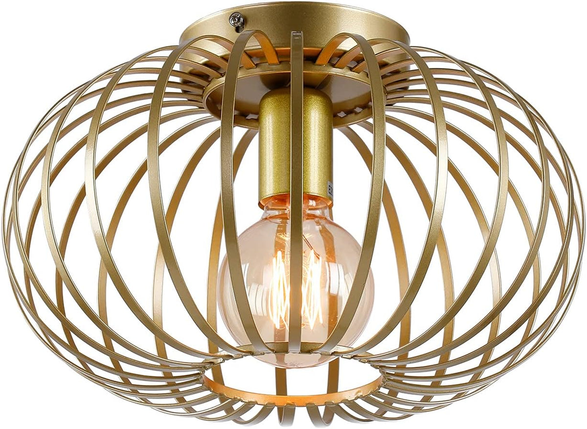 Industrial Semi-Flush Mount Metal Cage Ceiling Light Fixture Gold S888353