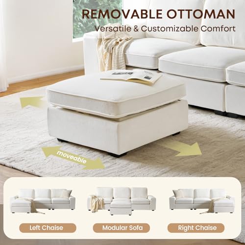 White Chenille L Shaped Sectional Sofa with Storage Ottoman D472