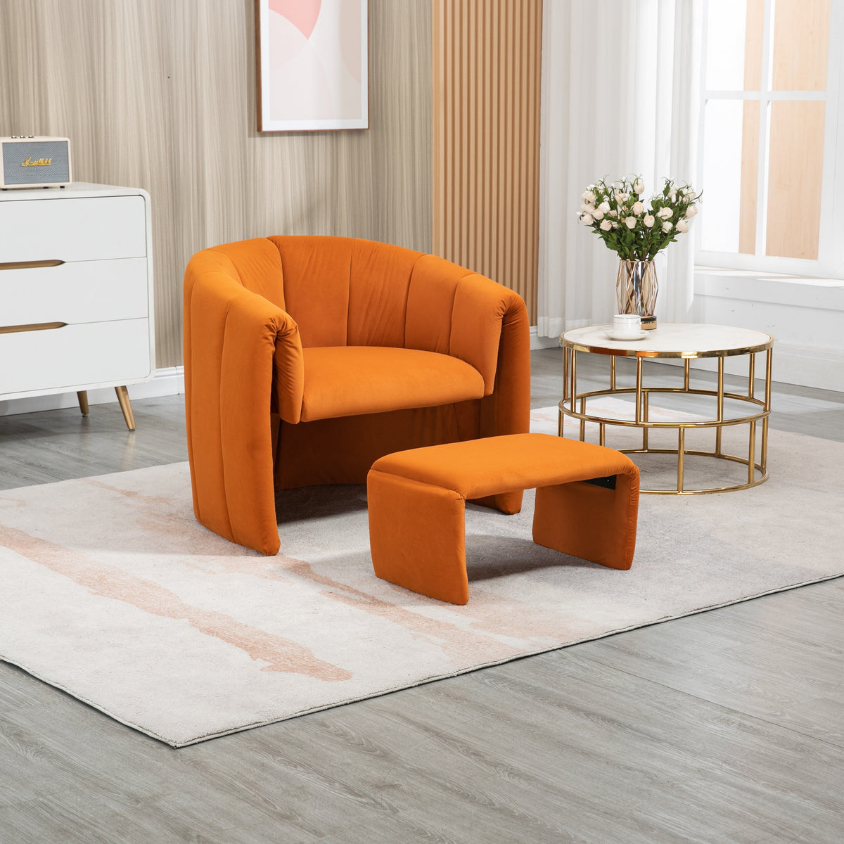 Orange Velvet Single Sofa Chair with Ottoman I5163
