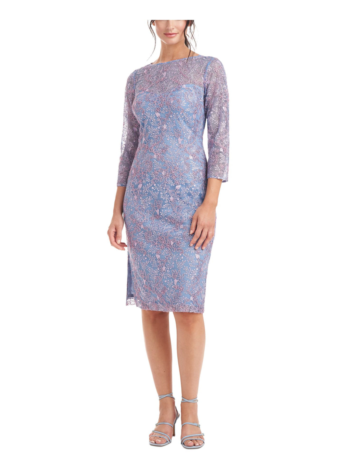 Blue Zippered Slitted V-back Lined 3/4 Sleeve Boat Neck Knee Length Sheath Dress B881