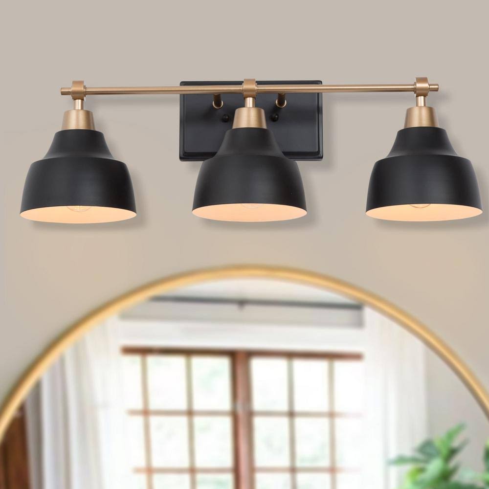 3-Light Dark Gold Vanity Light Fixture with Black Bell Metal Shades T68494