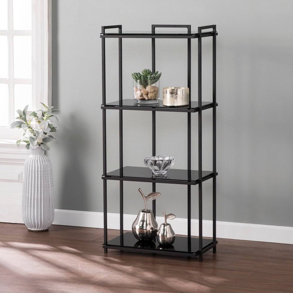 Black Glass 4-Tier Bookcase with Storage Shelves V288