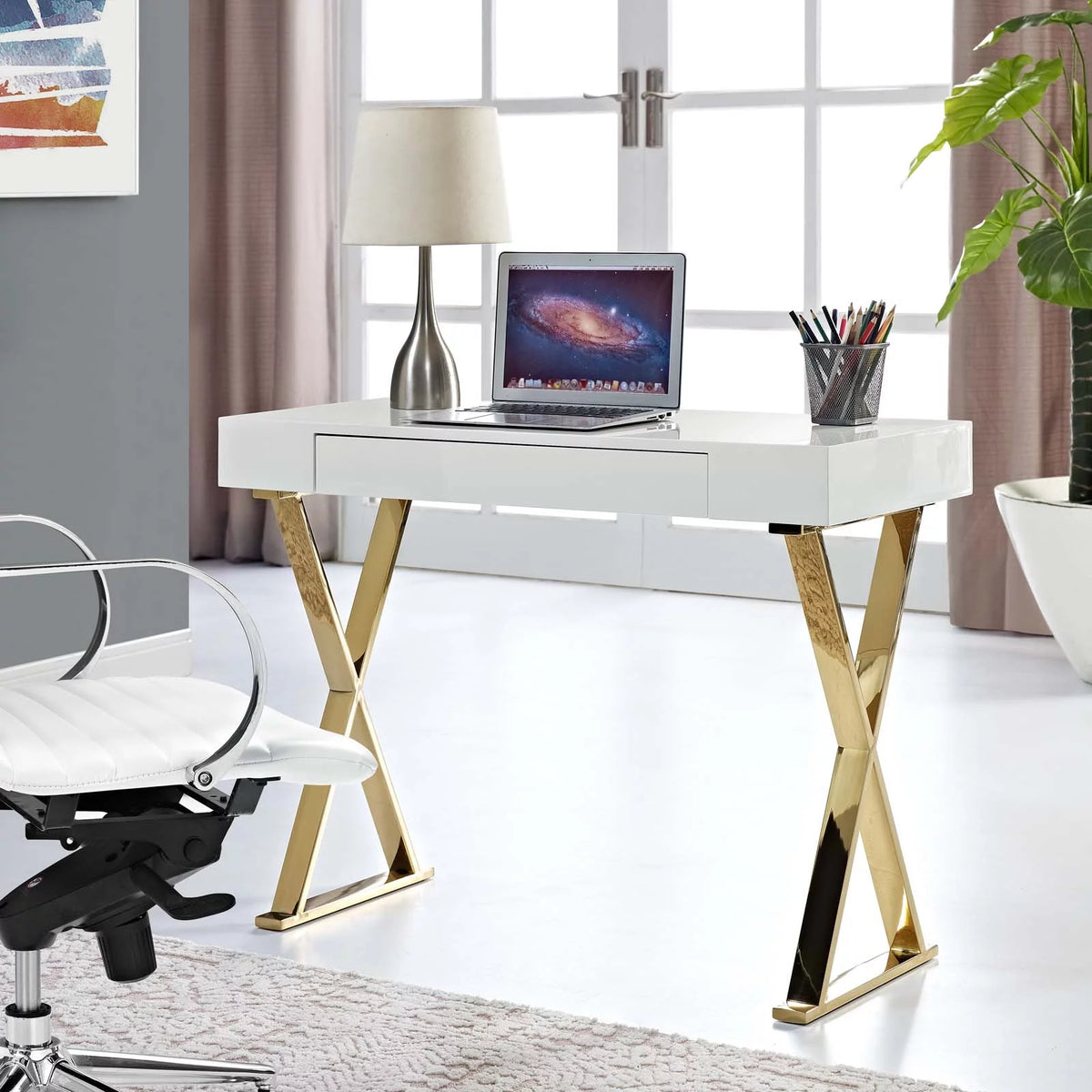 White Gold Wood Metal Steel Console Entry Table R7780
