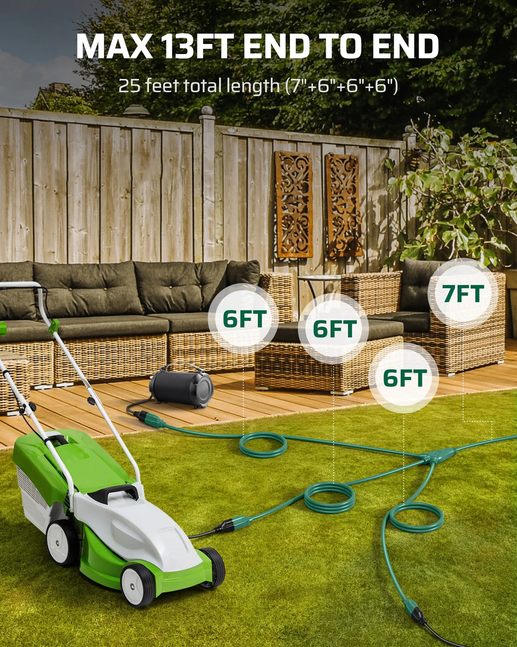 25 FT Outdoor Extension Cord with 3 Outlets, 16 AWG 3 Prong Grounded Green Power Cord K874310