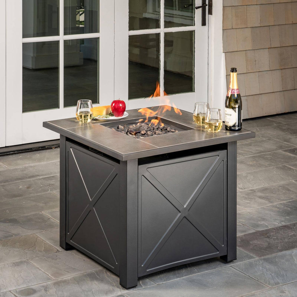 GAS Fire Pit with Tile Top and Light Gray Lava Rocks D51277