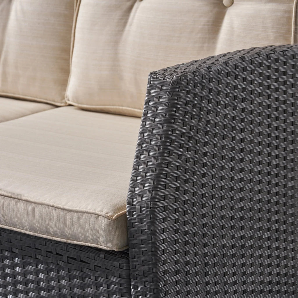 Beige and Dark Brown Outdoor Wicker 3 Seater Sofa with Tufted Cushions Y427