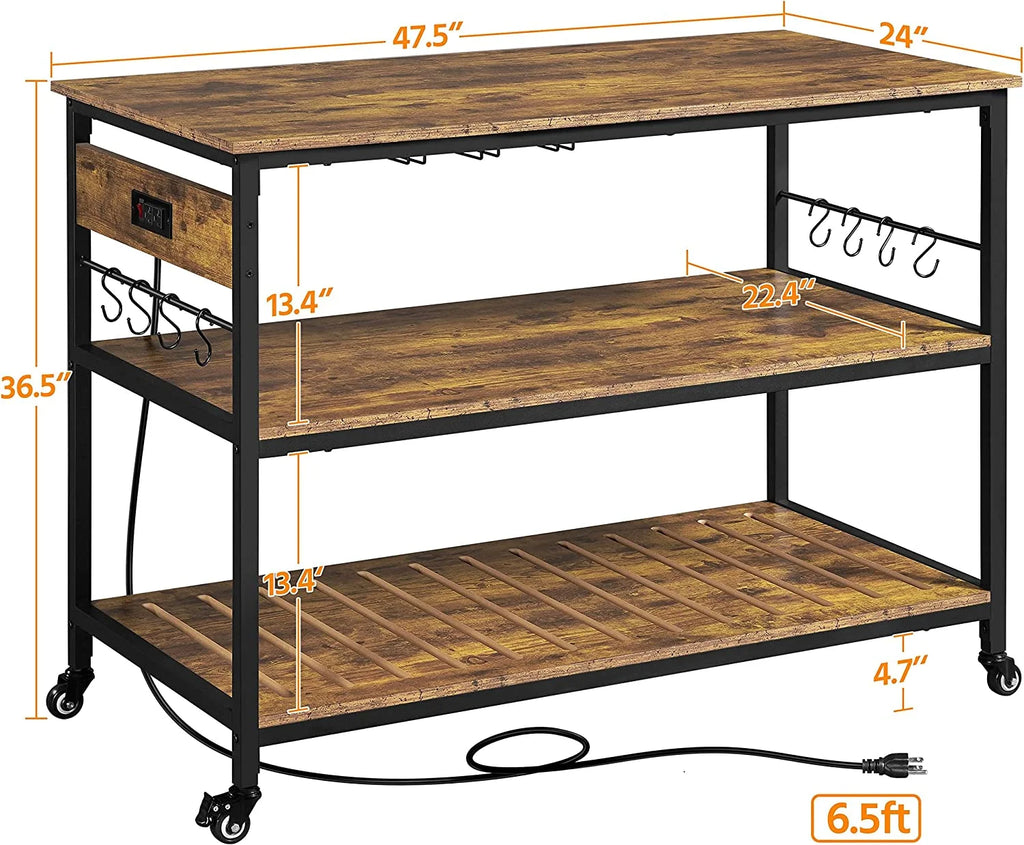 Rustic Brown Rolling Kitchen Cart with Power Outlet Y6918