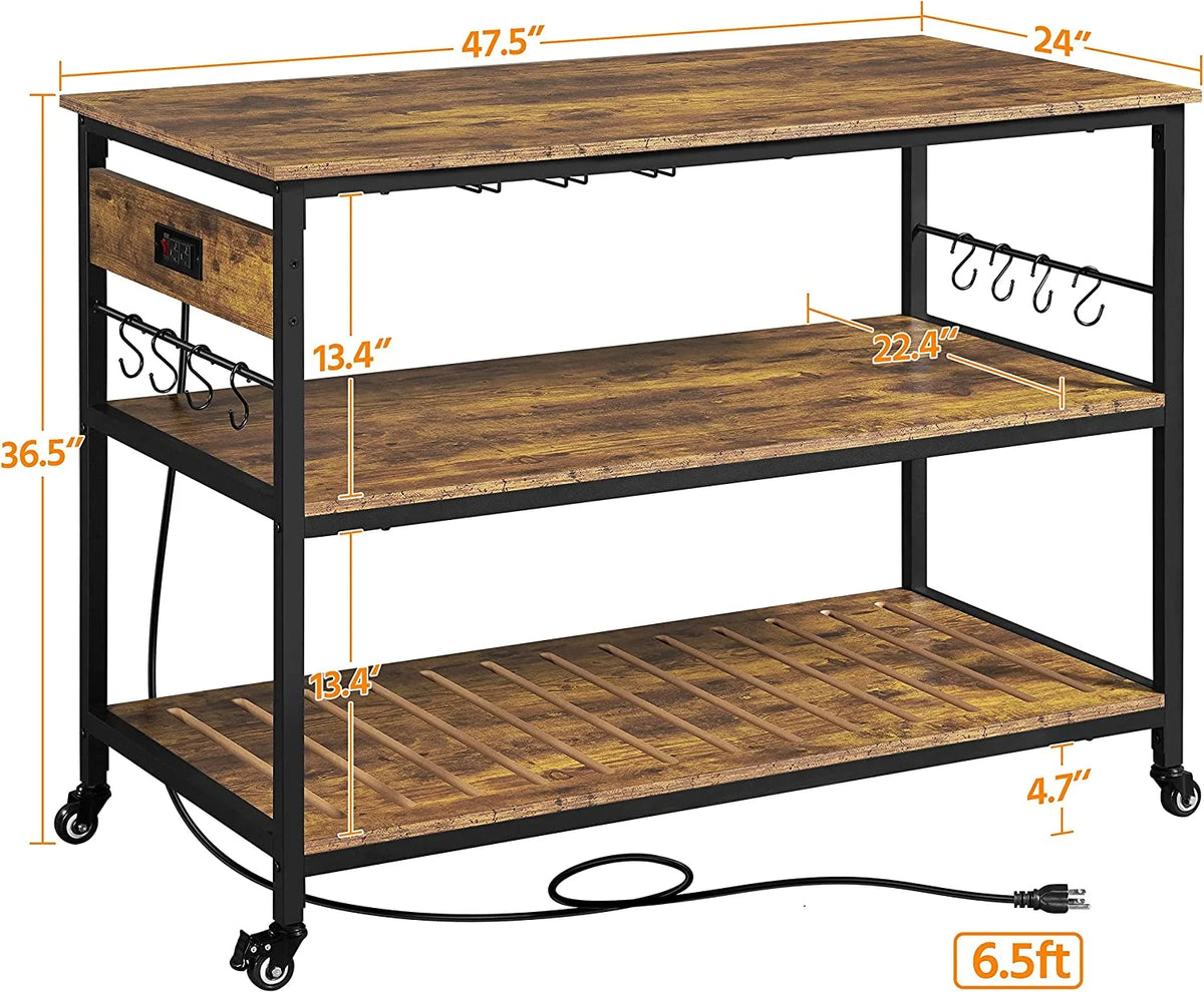 Rustic Brown Rolling Kitchen Cart with Power Outlet Y6918