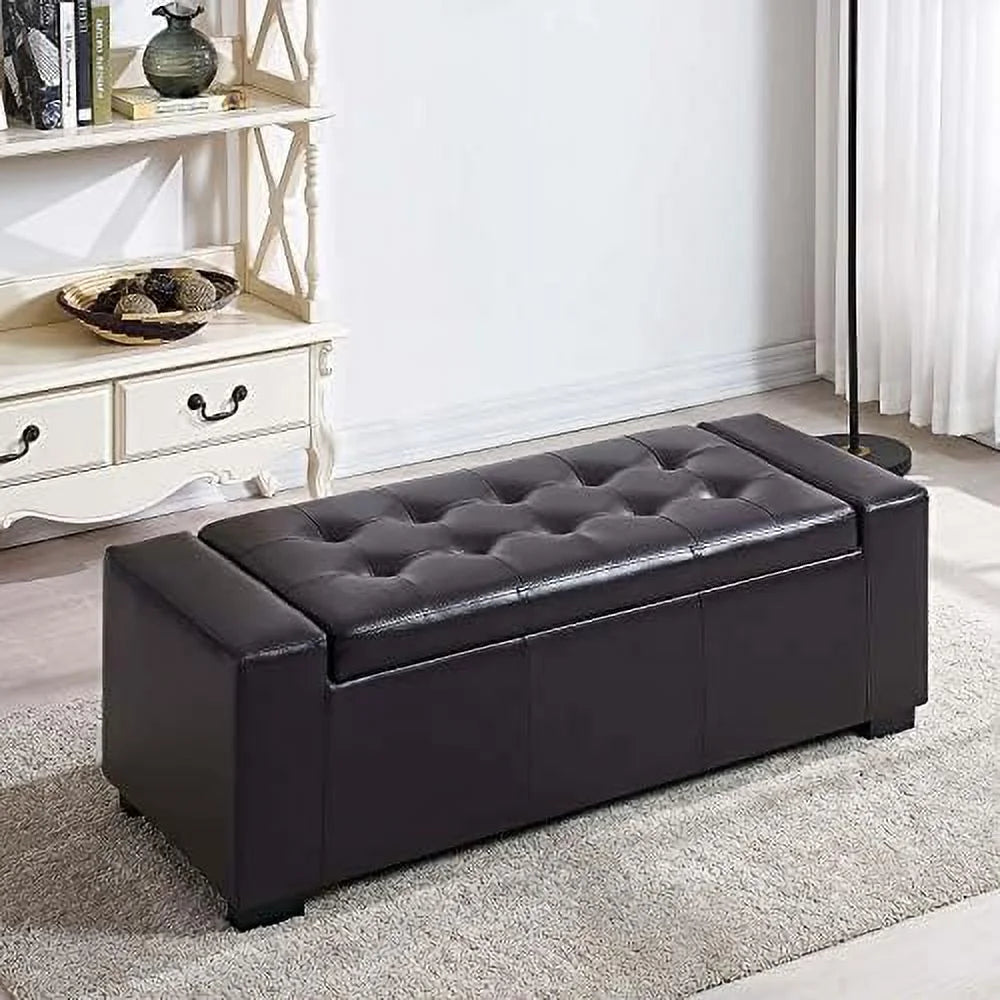 36 Inch Wide Square Lift Top Tufted Faux Leather Ottoman Bench P539035