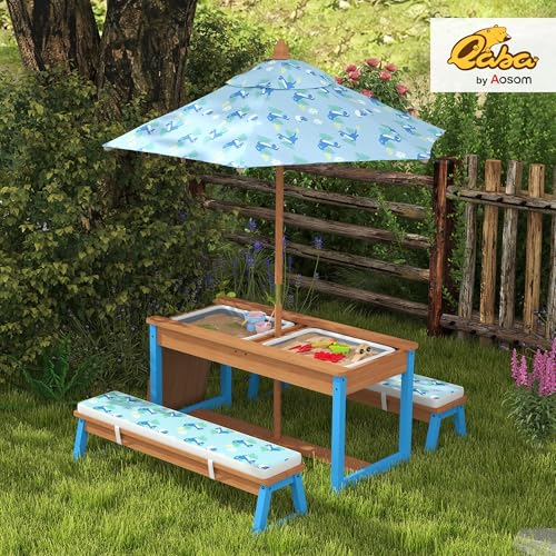 Kids Wooden Picnic Table and Bench Set with Umbrella P60669