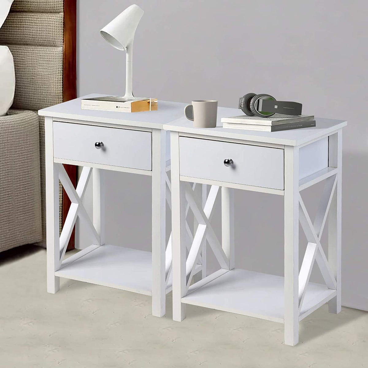 2 Pcs White Wooden Side End Table Night Stand with Bin Drawer P25854