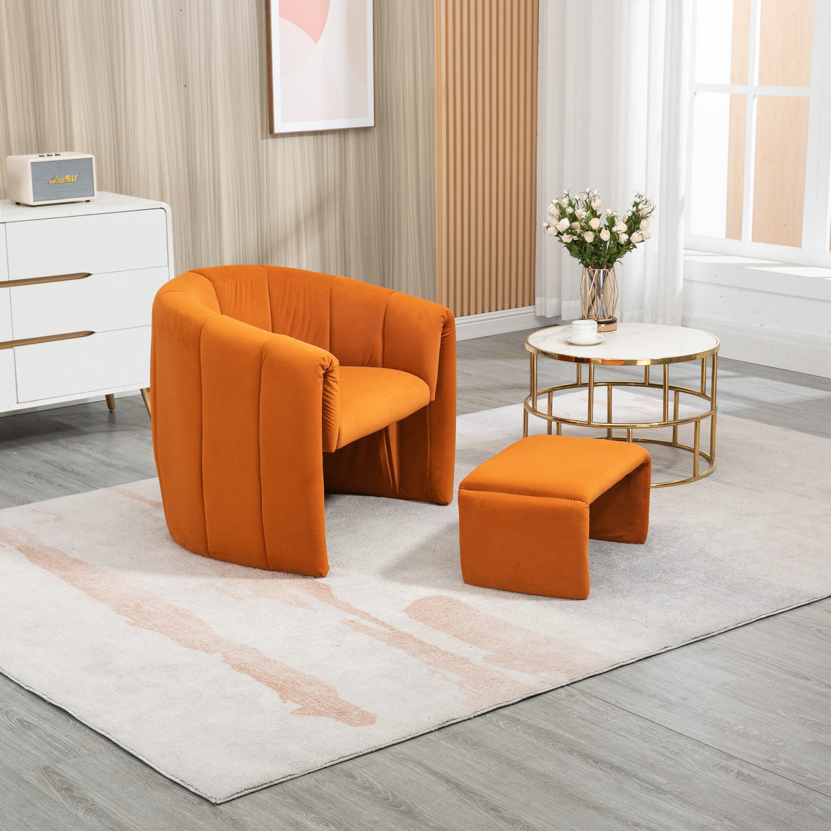 Orange Velvet Single Sofa Chair with Ottoman I5163