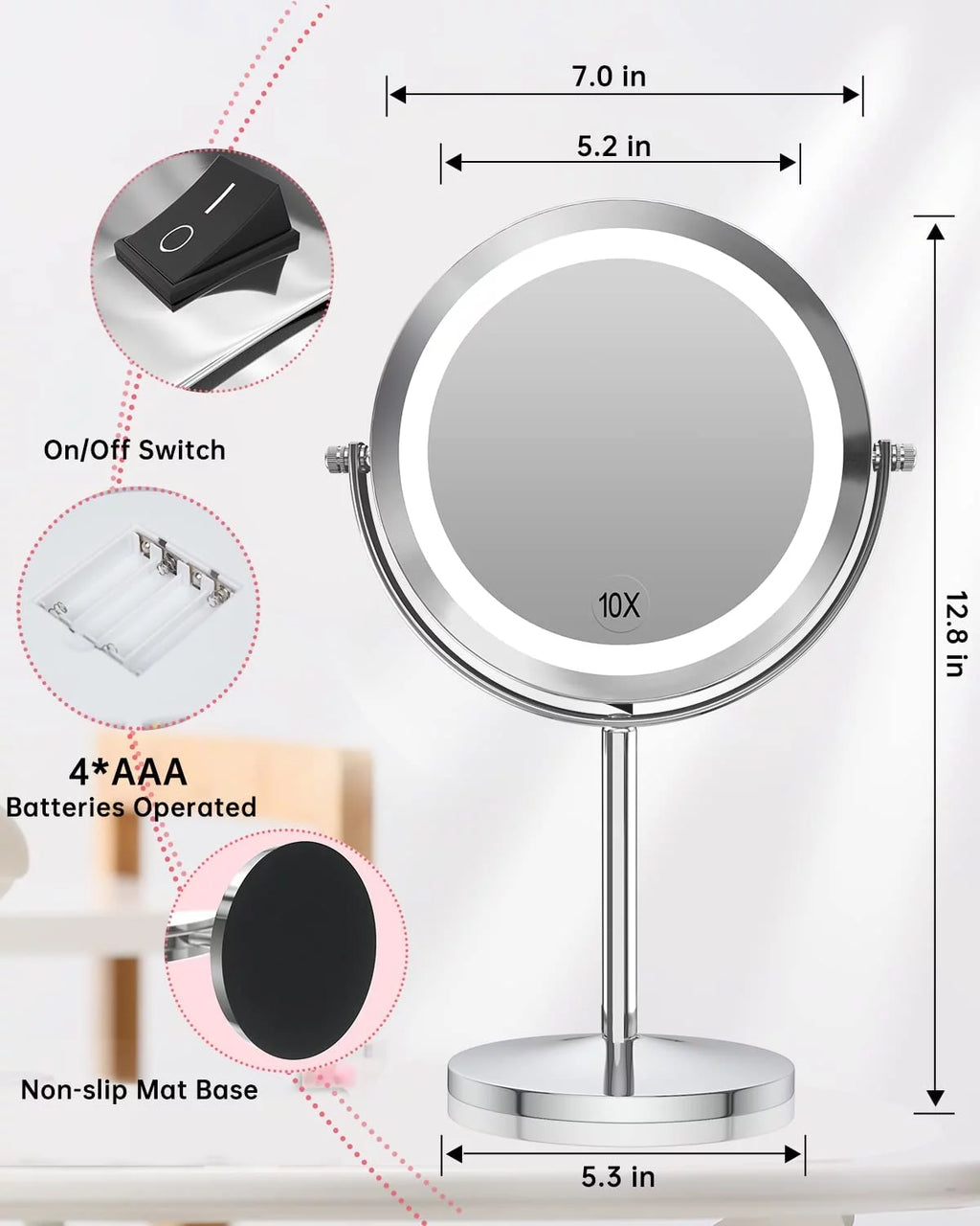 1x/10x Magnifying Lighted Double Sided Round Vanity Mirror 360 Degree Swivel 7 Inch U192
