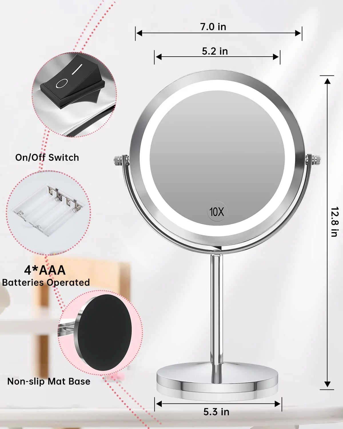 1x/10x Magnifying Lighted Double Sided Round Vanity Mirror 360 Degree Swivel 7 Inch U192