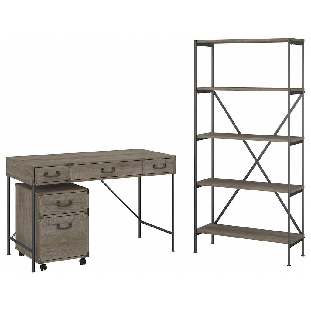 48W Writing Desk with Mobile File Cabinet and 5 Shelf Bookcase, Restored Gray I72849