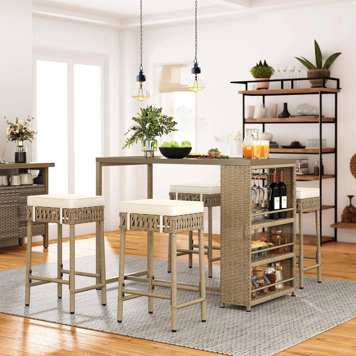 Beige 5 Piece Rattan Wicker Bar Set with 4 Bar Stools Z8768