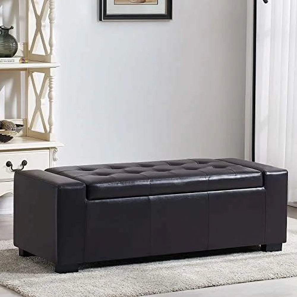 36 Inch Wide Square Lift Top Tufted Faux Leather Ottoman Bench P539035