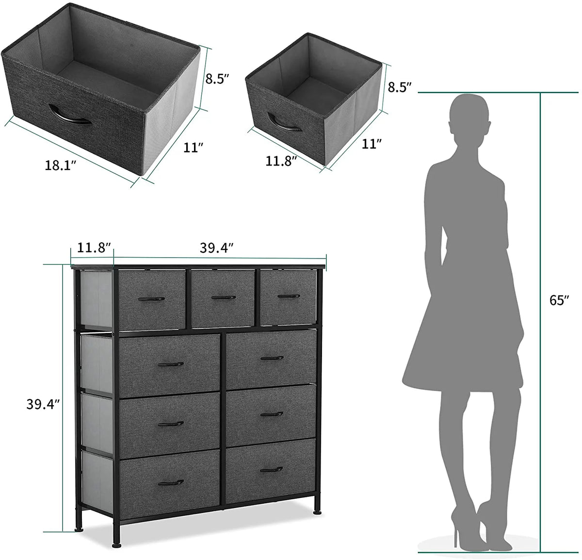 Light Grey 9 Drawer Fabric Dresser L50339