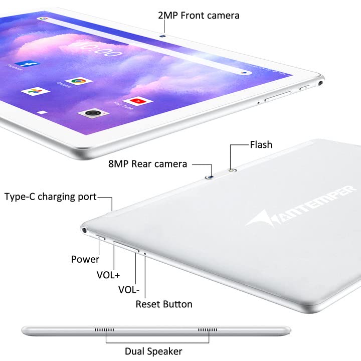 10.1 Inch Android Tablet with Keyboard 4GB RAM 64GB 128GB Expandable Silver J142
