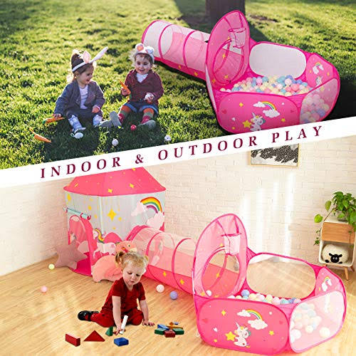 3pcs Kids Play Tent, Crawl Tunnel & Ball Pit with Basketball Hoop W74847