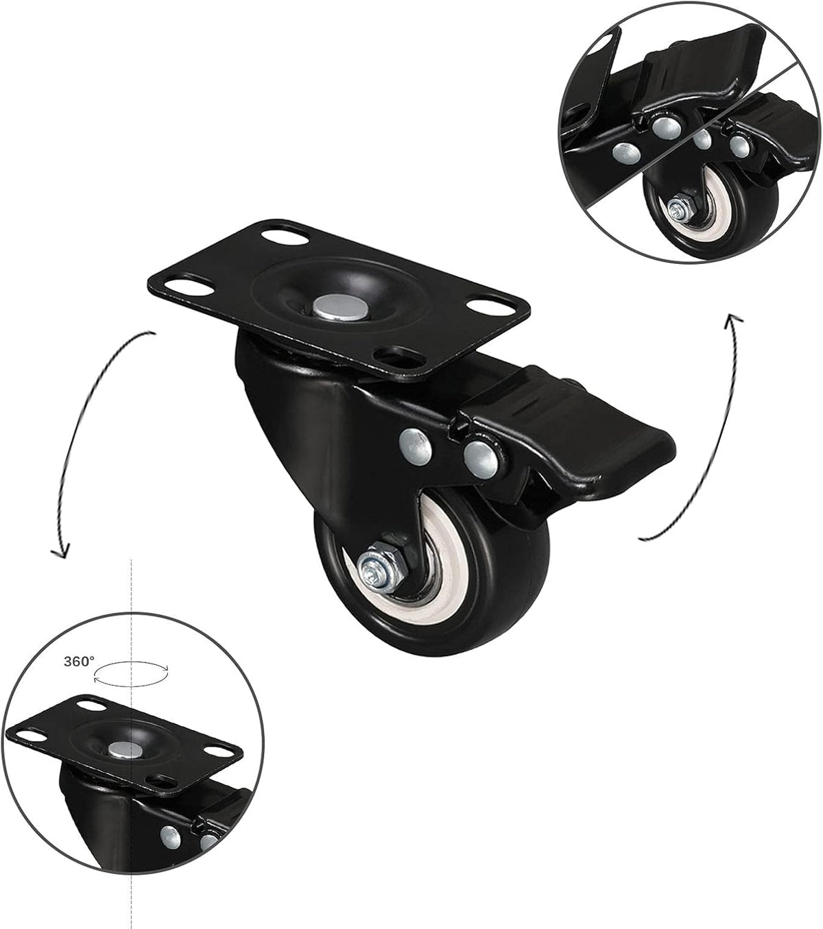 Black 2 inch Swivel Casters Set of 4 with Safety Brake H163