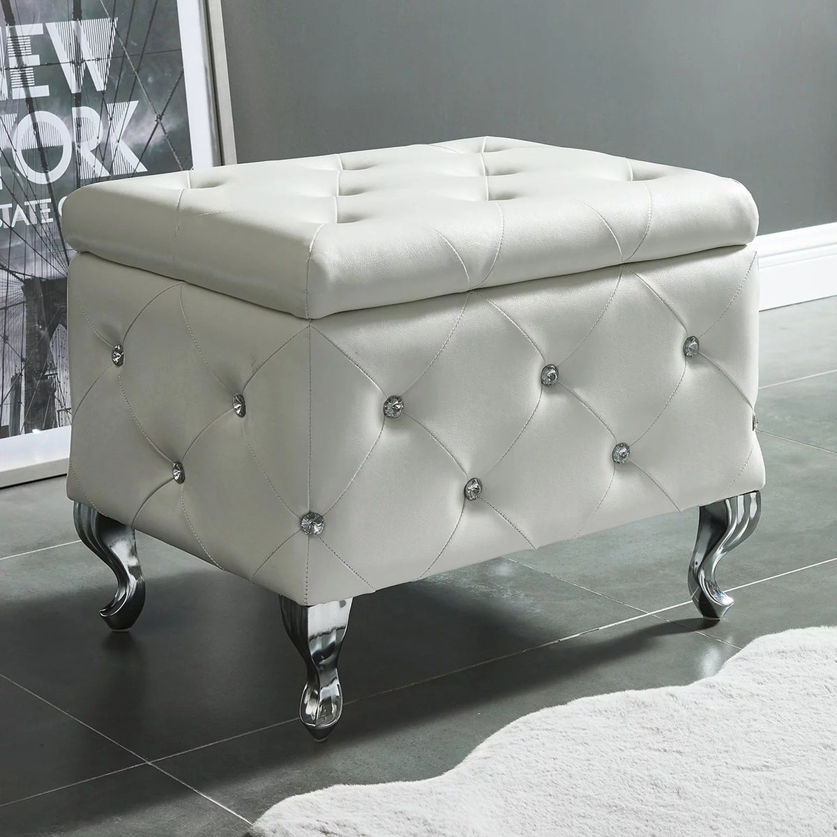 Faux Leather & Metal Square Storage Ottoman T305