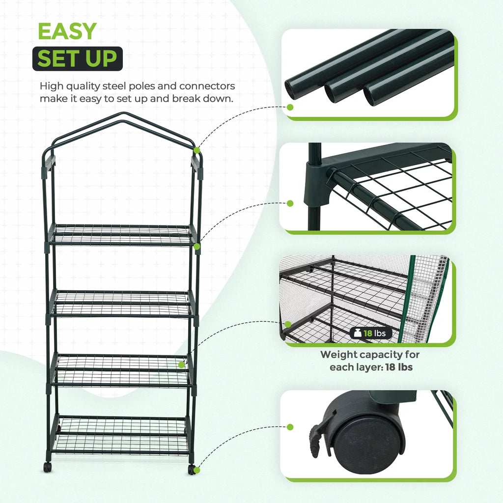 Mini Rolling Greenhouse with Caster Wheels and Shelves U6192