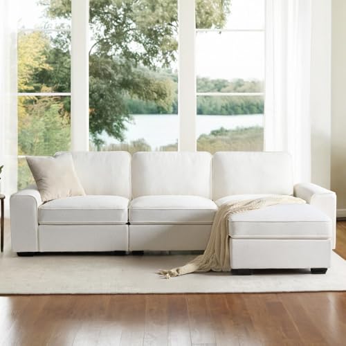 White Chenille L Shaped Sectional Sofa with Storage Ottoman D472