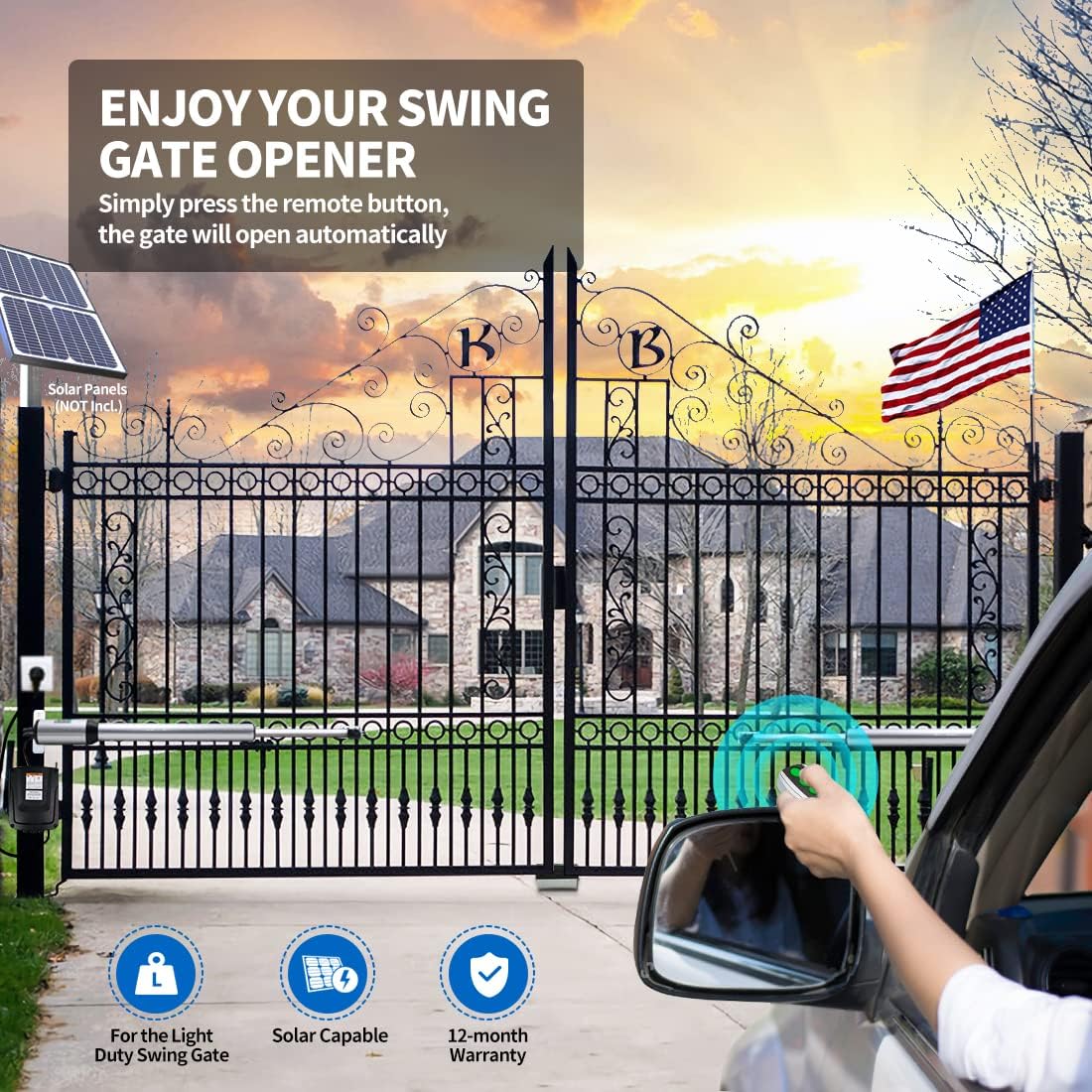 Dual Swing Gate Opener Automatic Gate Motor for Double Swing Gate Up to 12ft per Arm, Electric Driveway Gate Operator AC Powered with Remote Control Kit Solar Compatible V8125