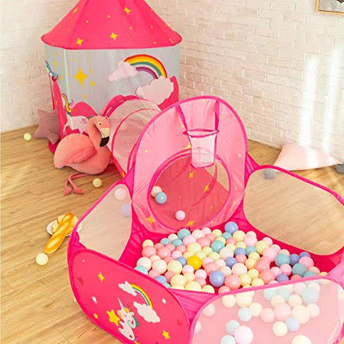 3pcs Kids Play Tent, Crawl Tunnel & Ball Pit with Basketball Hoop W74847