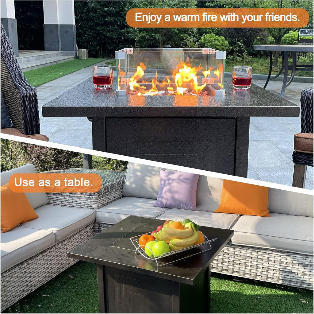 50000BTU Metal Propane Fire Pit Table with Glass Wind Guard and Lava Stone G7720