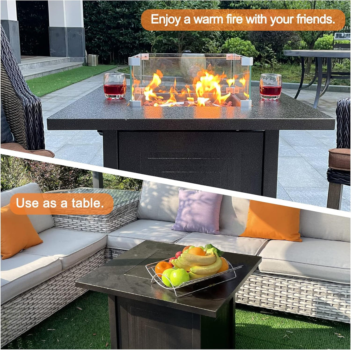 50000BTU Metal Propane Fire Pit Table with Glass Wind Guard and Lava Stone G7720