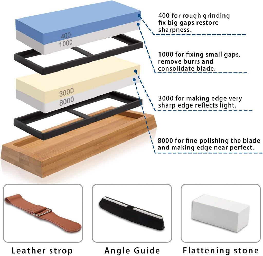 4 Side Grit 400/1000 3000/8000 Whetstone Set with Bamboo Base M11676
