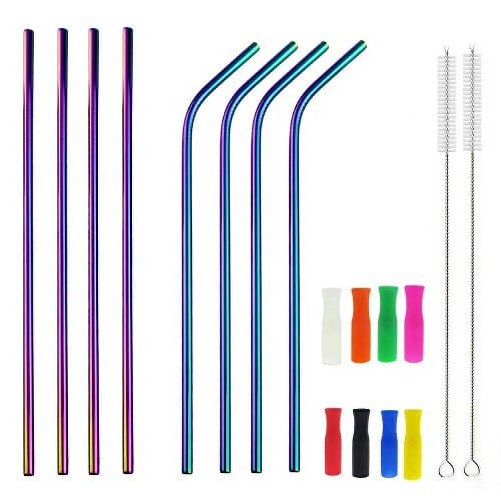 8pcs Reusable Rainbow Color Stainless Steel Straws with Silicone Tips and Cleaning Brush I3456