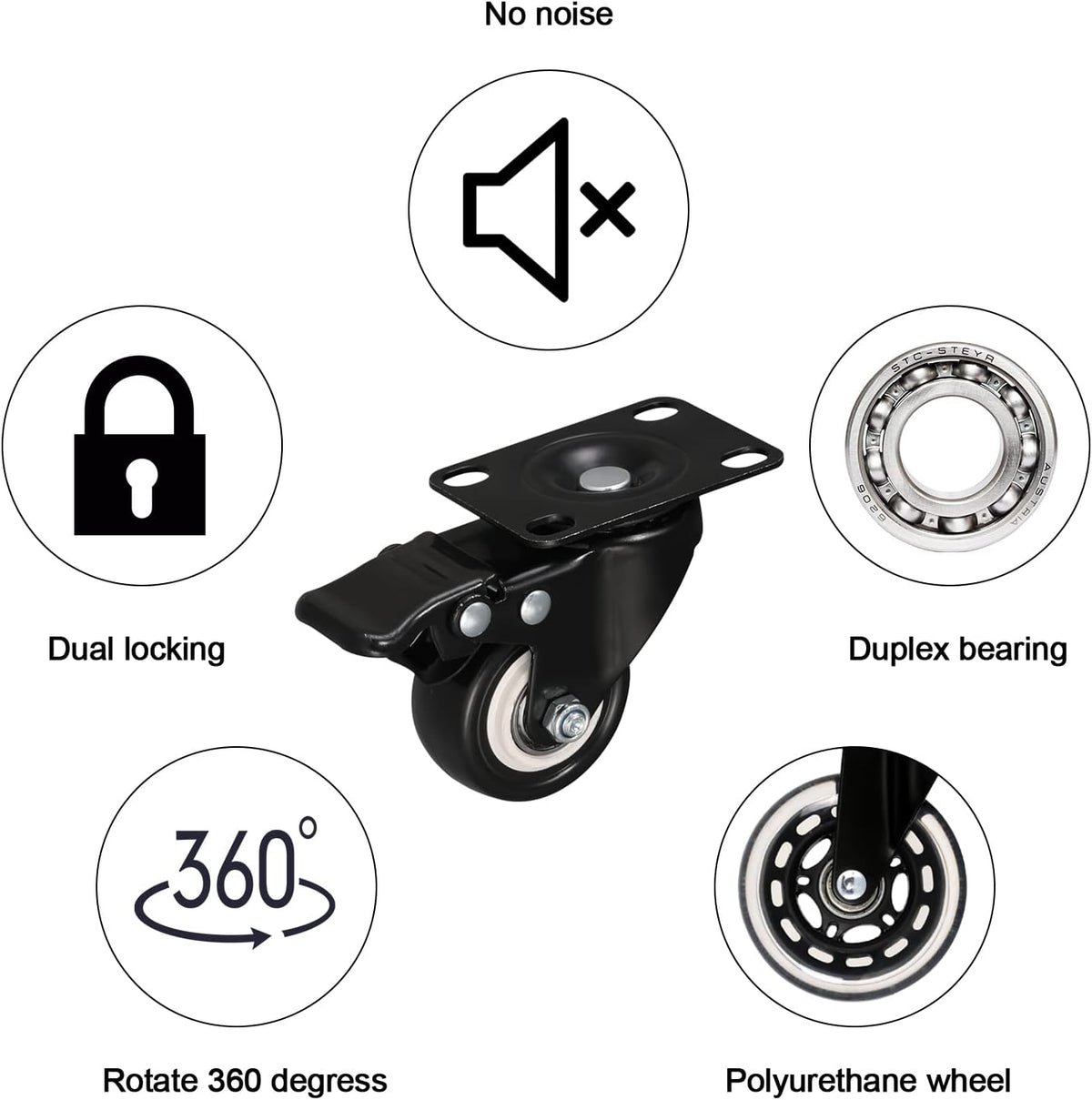 Black 2 inch Swivel Casters Set of 4 with Safety Brake H163
