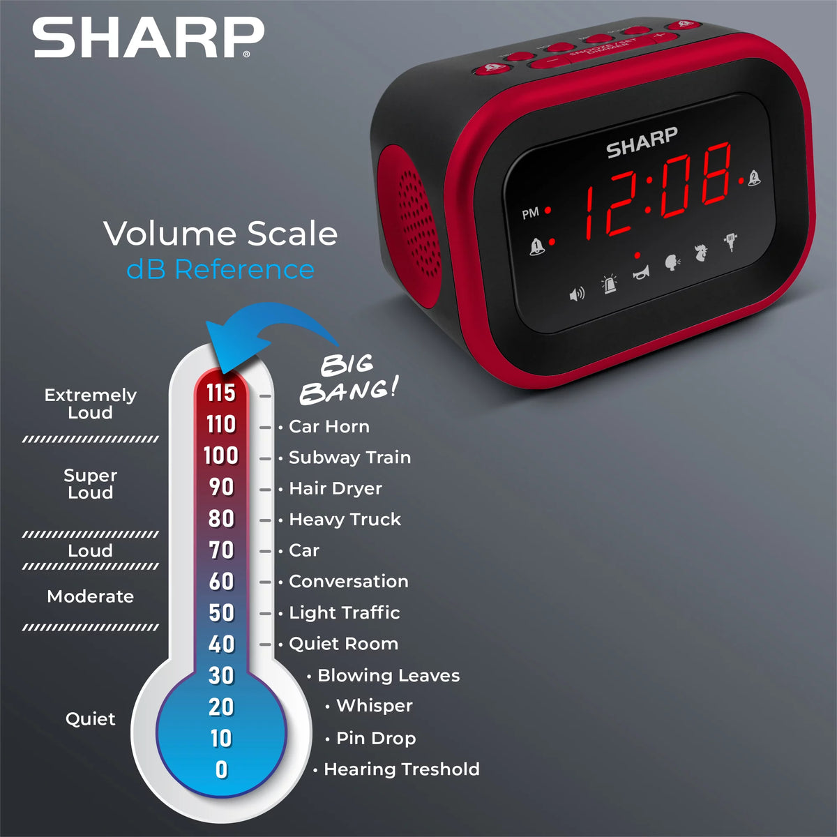 Red/Black Alarm Clock with 6 Wake Up Sounds E1351