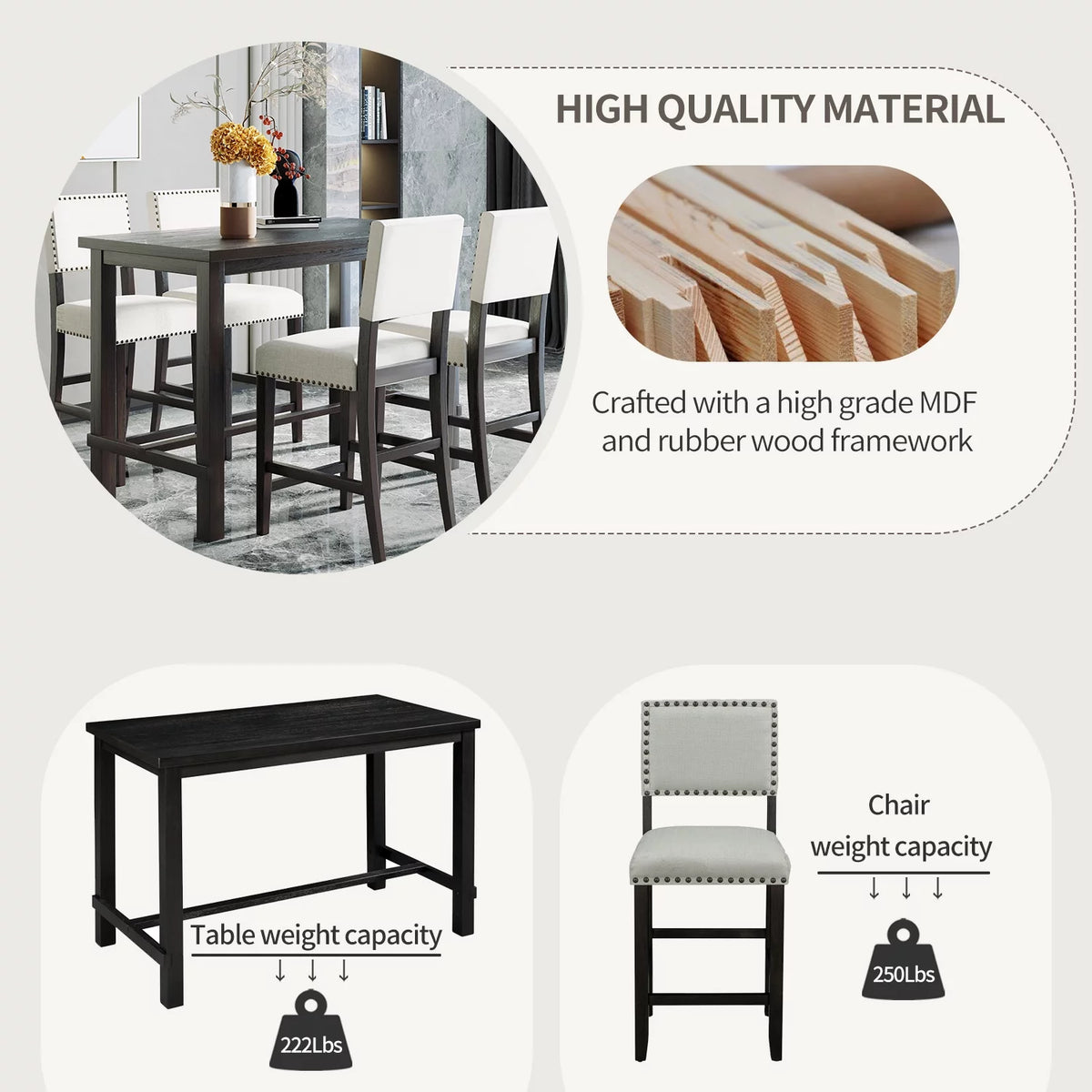 5 Piece Counter Height Dining Table Set with 4 Cushioned Chairs S864500