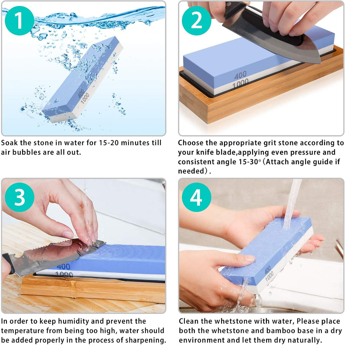 4 Side Grit 400/1000 3000/8000 Whetstone Set with Bamboo Base M11676