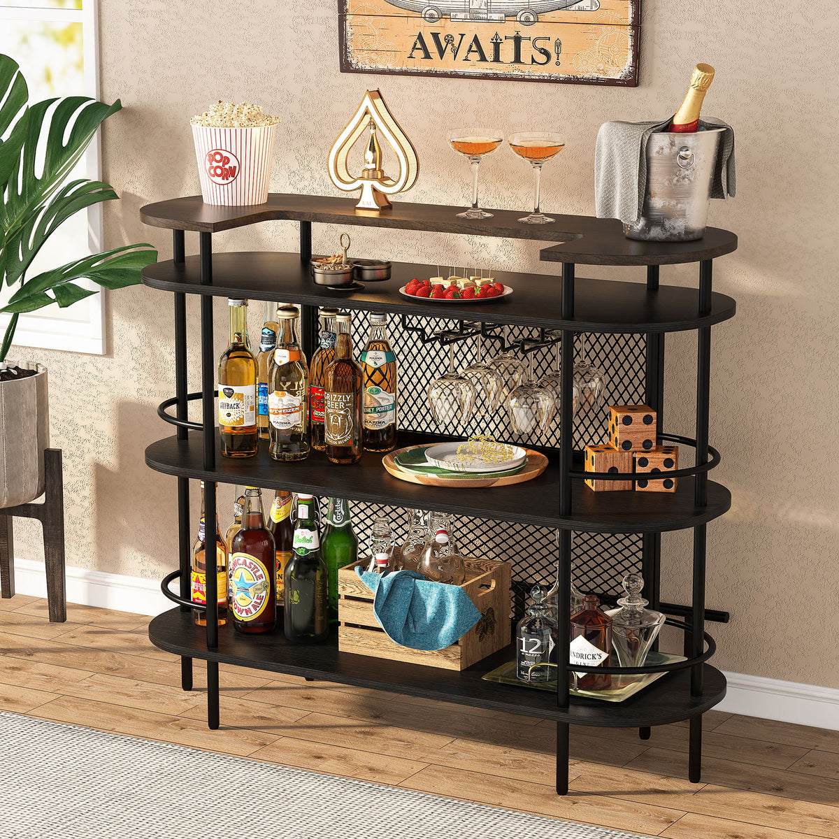 Black 4 Tier Bar Cabinet with Storage Shelves E172253