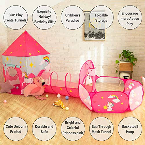 3pcs Kids Play Tent, Crawl Tunnel & Ball Pit with Basketball Hoop W74847