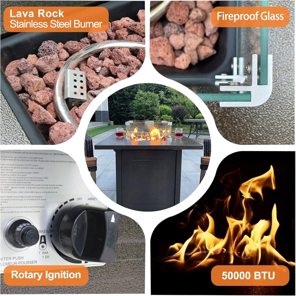50000BTU Metal Propane Fire Pit Table with Glass Wind Guard and Lava Stone G7720
