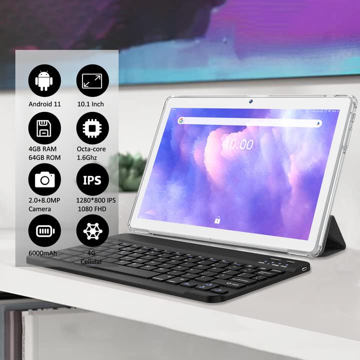10.1 Inch Android Tablet with Keyboard 4GB RAM 64GB 128GB Expandable Silver J142
