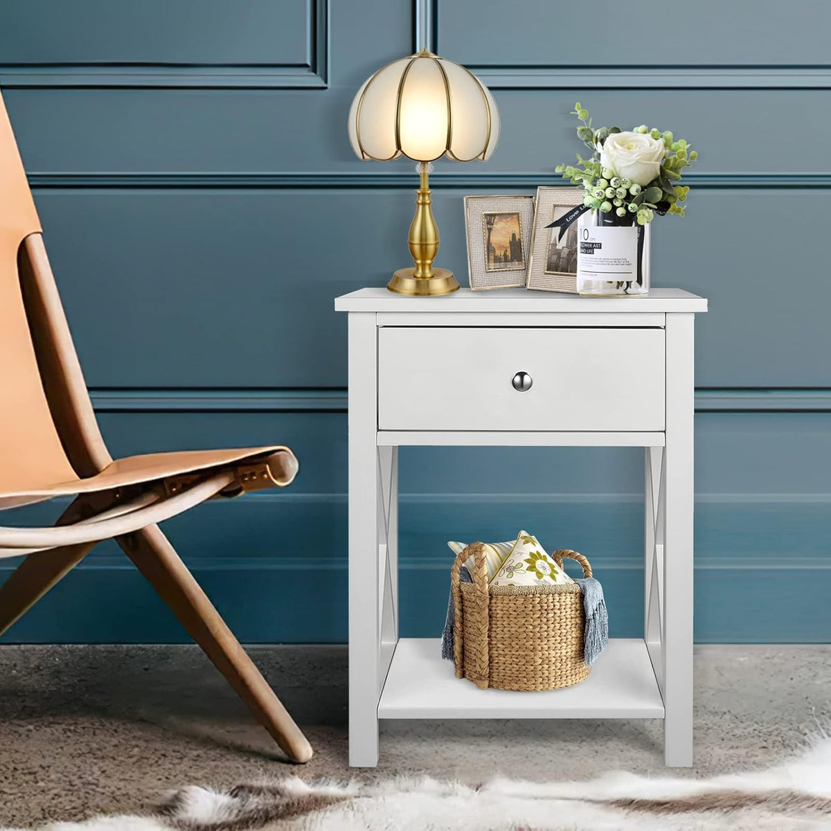 2 Pcs White Wooden Side End Table Night Stand with Bin Drawer P25854