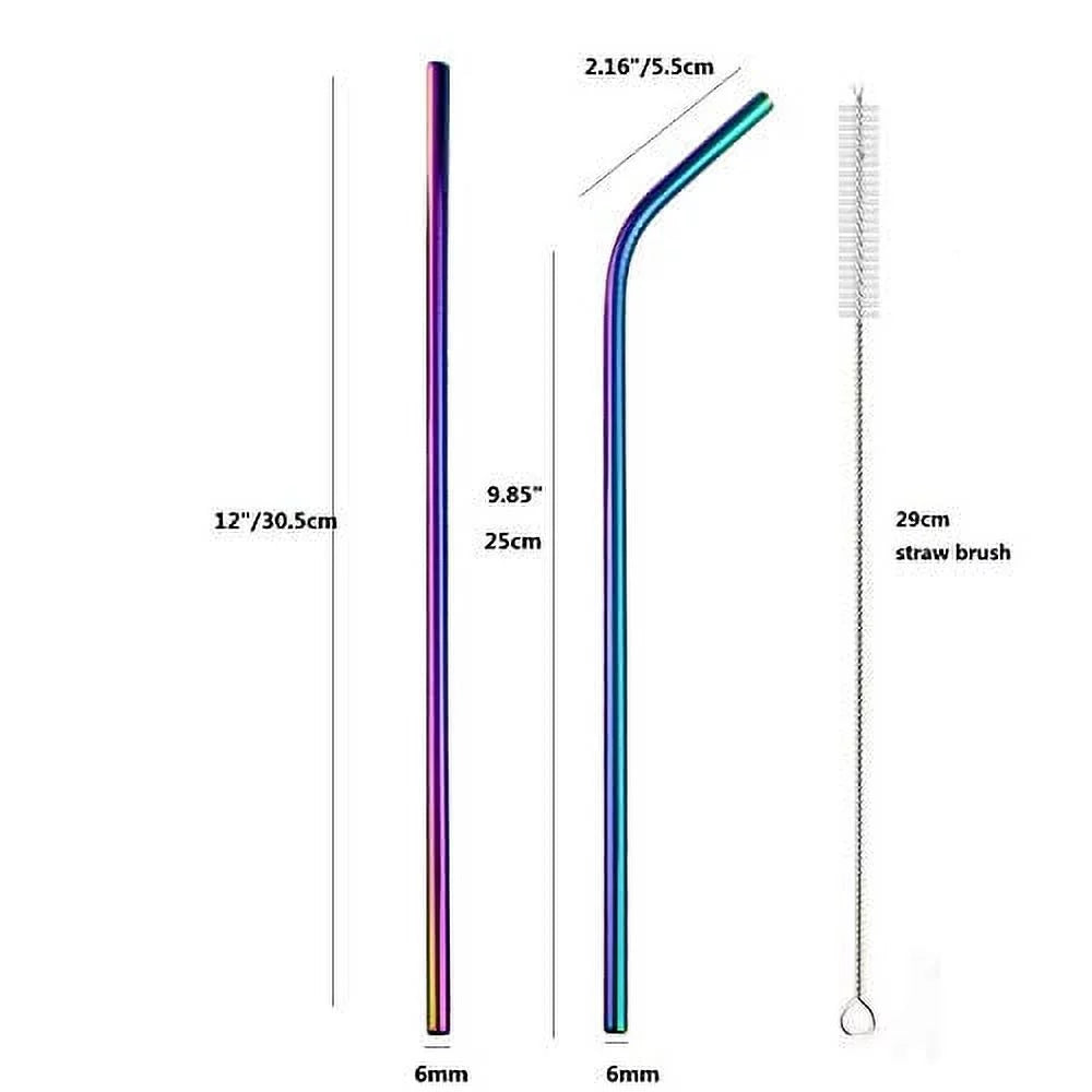 8pcs Reusable Rainbow Color Stainless Steel Straws with Silicone Tips and Cleaning Brush I3456
