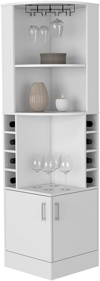 White Tall Corner Bar Storage Cabinet with Wine Rack W35229