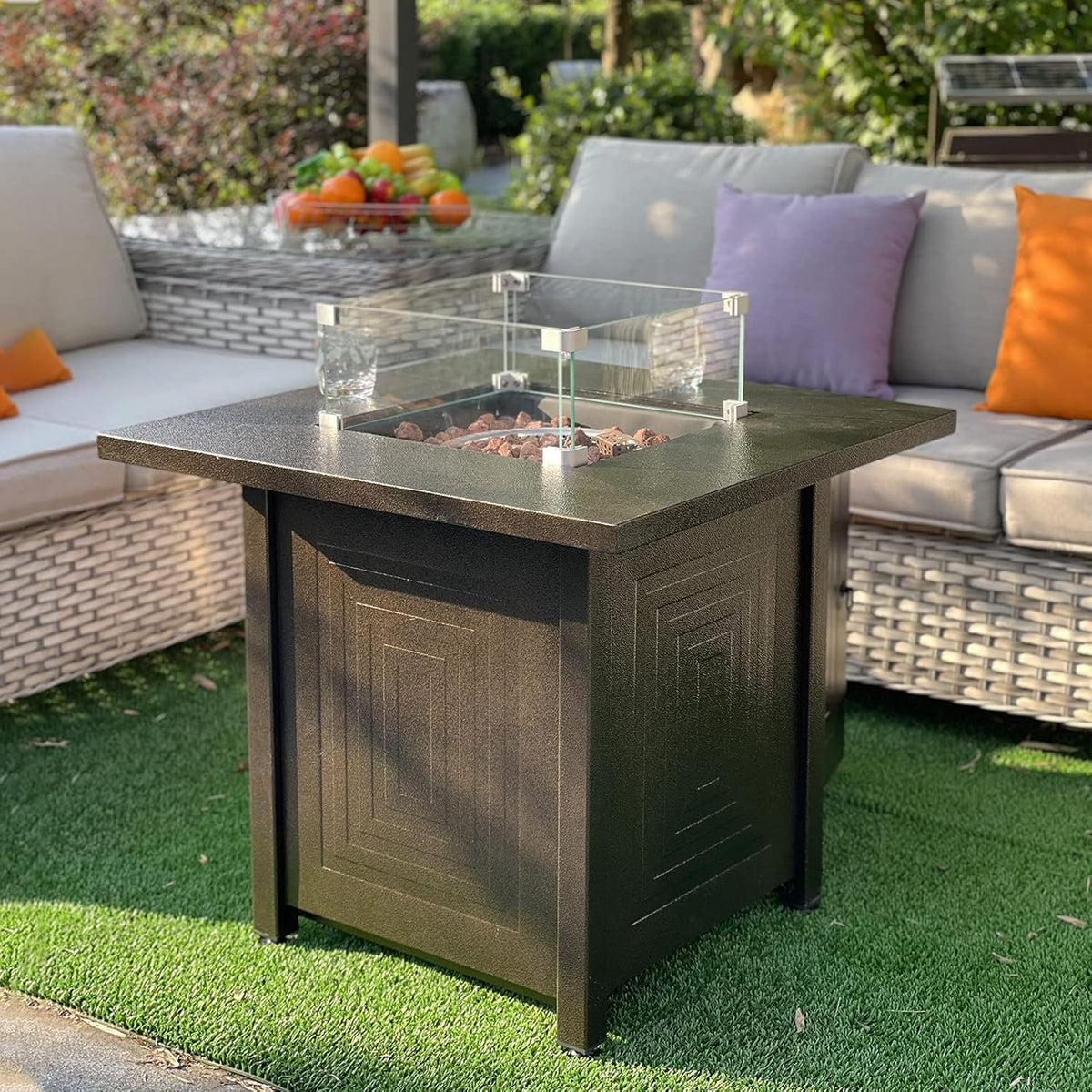 50000BTU Metal Propane Fire Pit Table with Glass Wind Guard and Lava Stone G7720