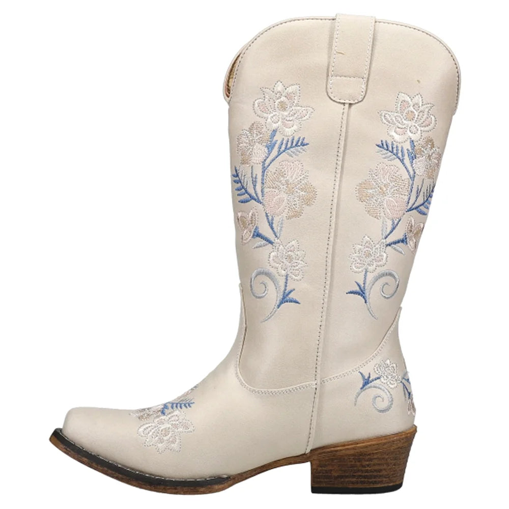 Womens Floral Embroidery Snip Toe Casual Boots Mid Calf Low Heel S31799