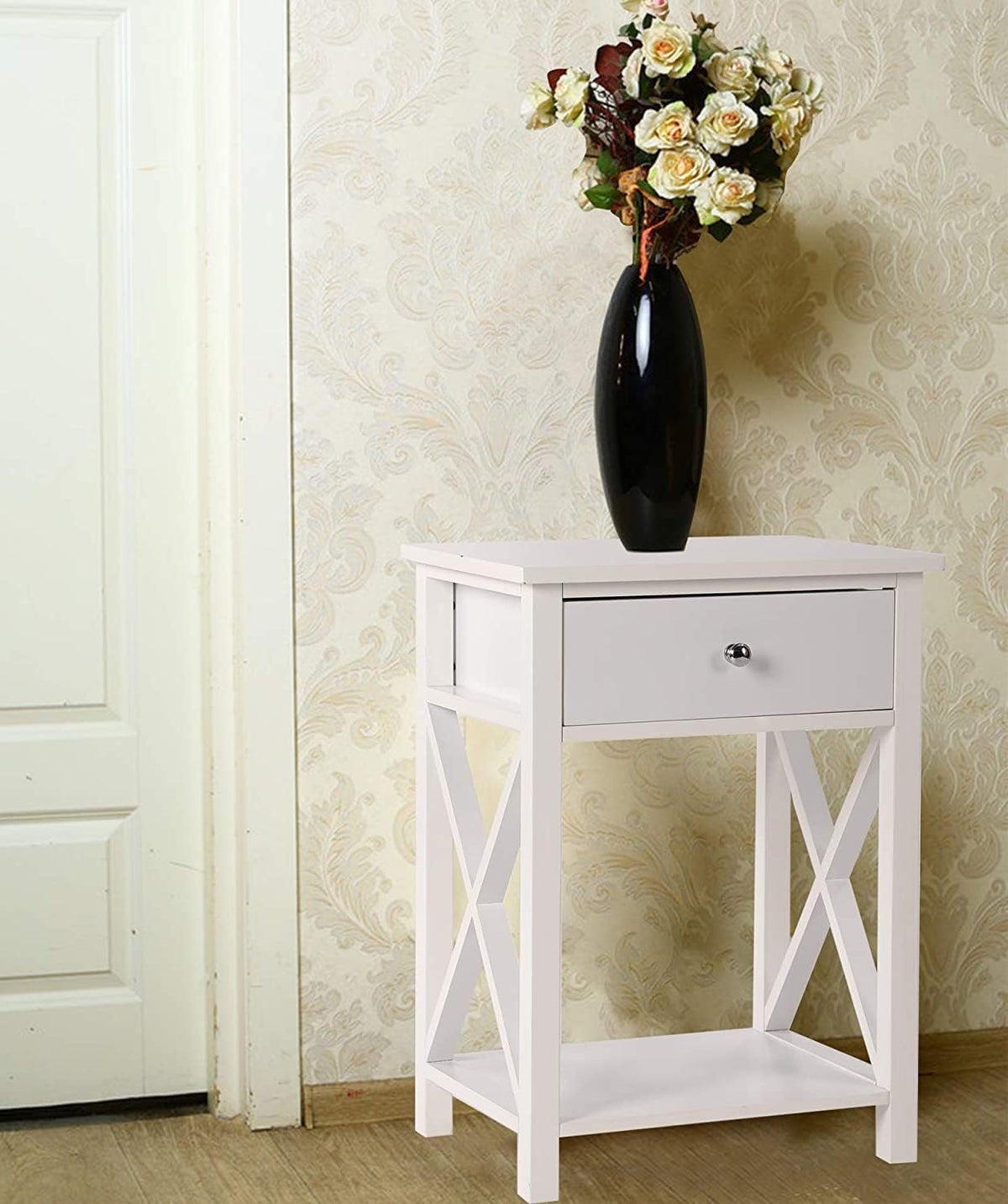 2 Pcs White Wooden Side End Table Night Stand with Bin Drawer P25854