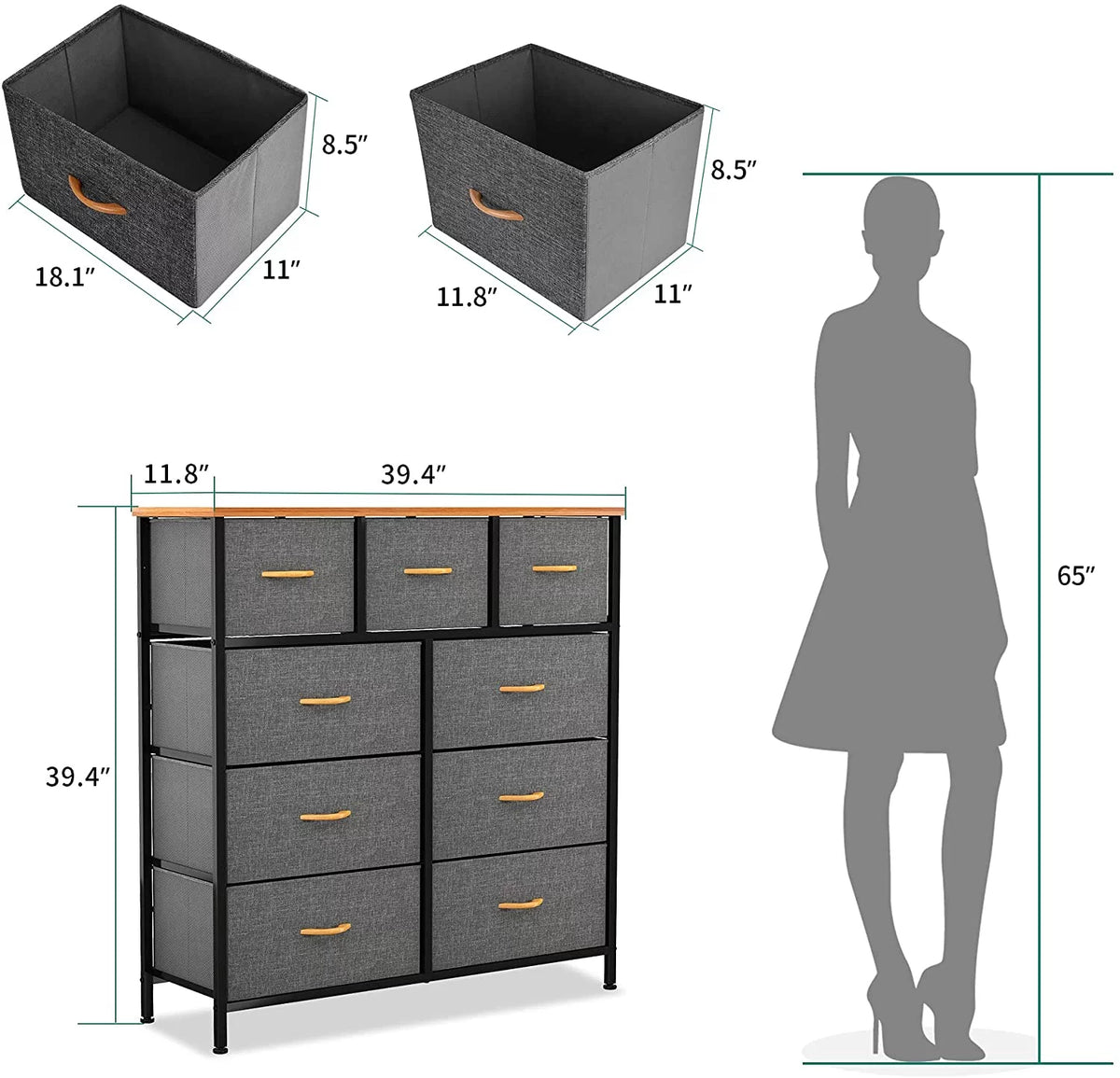 Light Grey 9 Drawer Fabric Dresser L50339